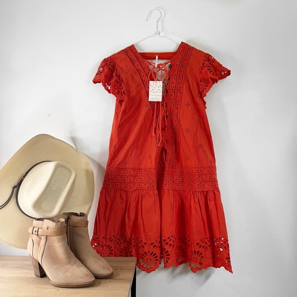Free People Esperanza Orange Eyelet Mini Dress Size Small - Picture 6 of 15
